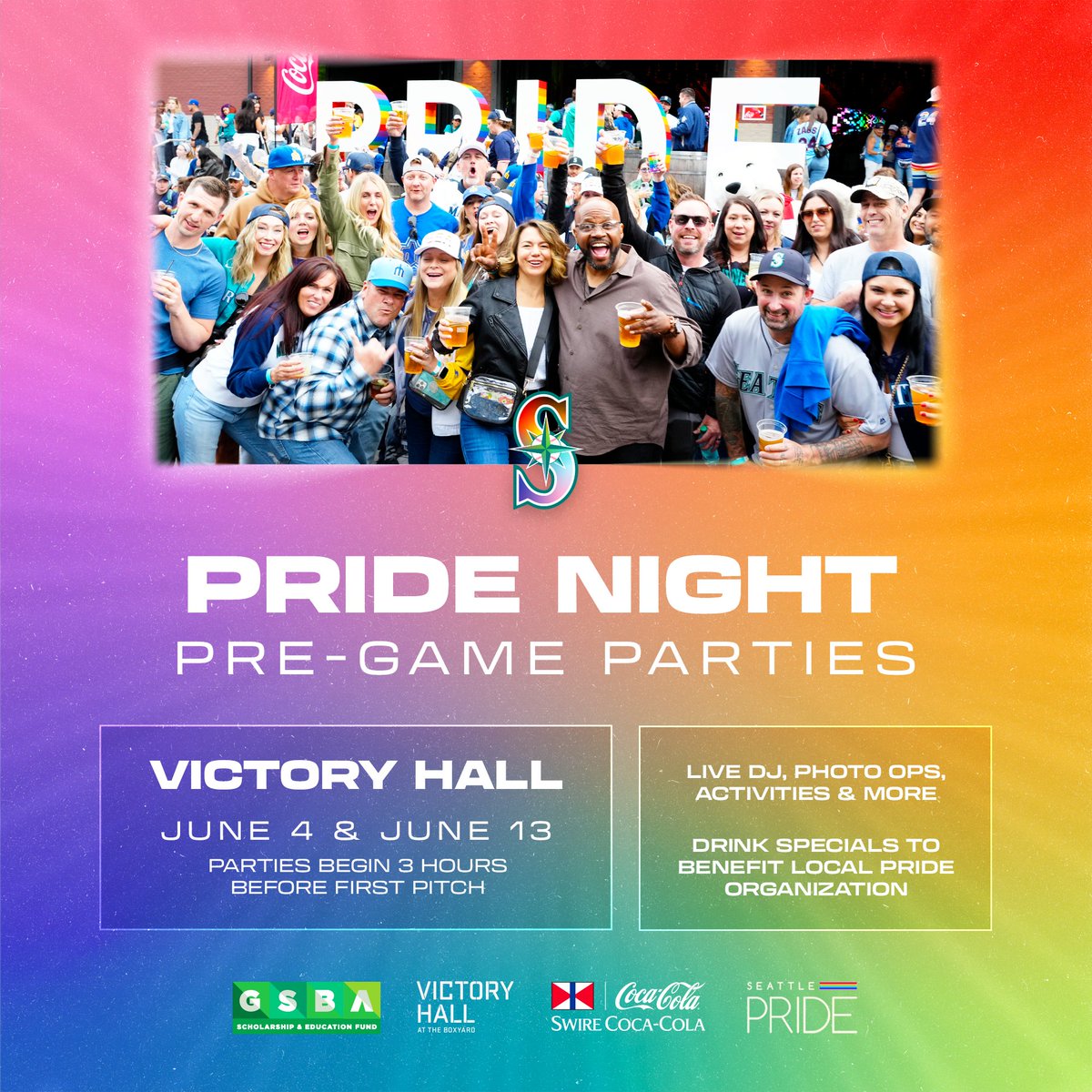 T-Mobile Park (@tmobilepark) on Twitter photo Let’s party 🌈
Join us for our Pride Pre-game Parties presented by <a href="/SwireCC/">Swire Coca-Cola, USA</a> at Victory Hall on June 4 and June 13 for drink specials, live DJ, photo ops and more! Let’s party 🌈
Join us for our Pride Pre-game Parties presented by <a href="/SwireCC/">Swire Coca-Cola, USA</a> at Victory Hall on June 4 and June 13 for drink specials, live DJ, photo ops and more!