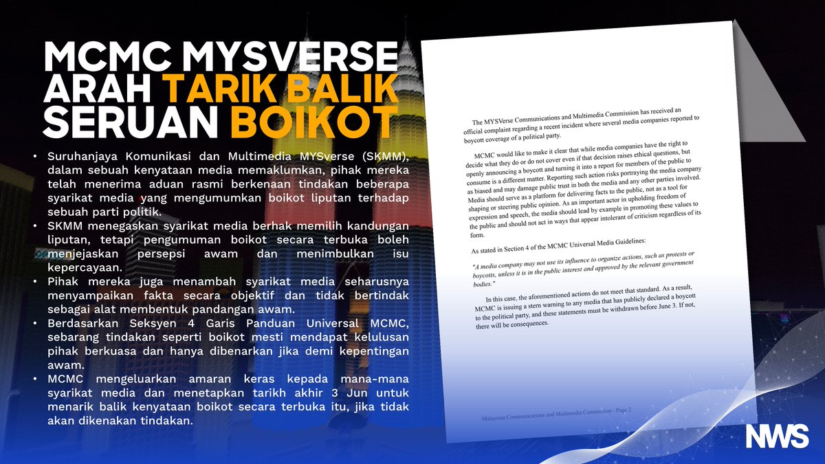 NWS_RBLX's tweet photo. Suruhanjaya Komunikasi dan Multimedia MYSverse, dalam sebuah kenyataan, mengeluarkan amaran keras kepada mana-mana syarikat media yang secara terbuka mengisytiharkan boikot terhadap parti politik baru-baru ini dan mengarahkan kenyataan tersebut ditarik balik sebelum 3 Jun ini. https://t.co/G2jIq27A3l