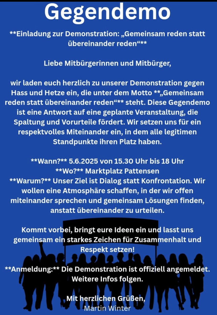 Euer Kommentar:

Zum Markttag muss der Marktplatz in Pattensen frei von Politik bleiben!
Schluss mit linker „Propaganda“ !