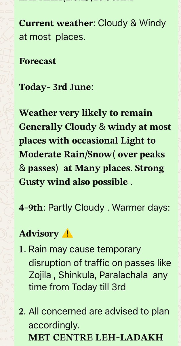 metcentreleh's tweet image. 饾悥饾悶饾悮饾惌饾悺饾悶饾惈 very likely to remain cold cloudy windy with occasional rain/snow( over peaks & passes) from today till 3rd June in Ladakh & J&K.
4-8th: HOT & Dry