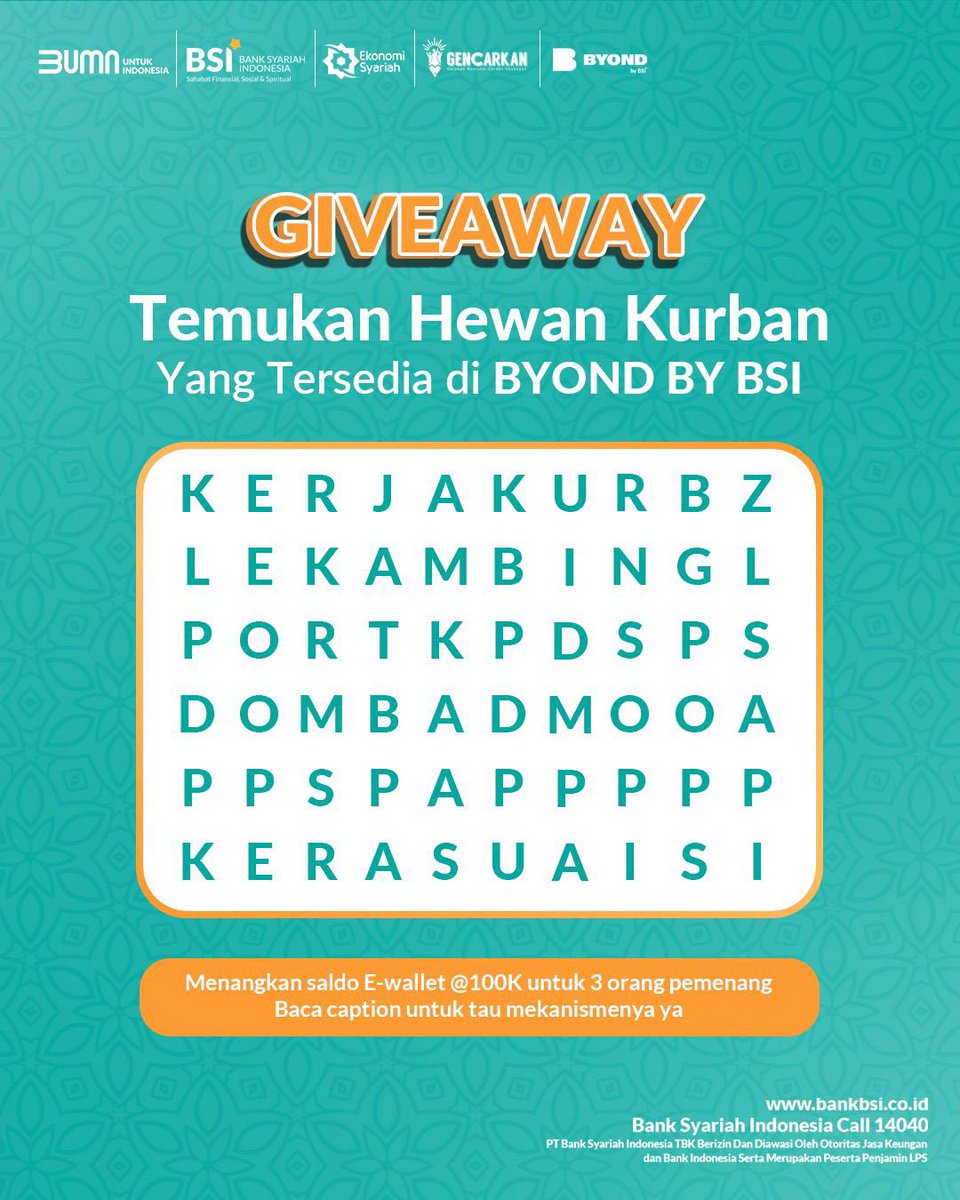 Bank Syariah Indonesia (@bankbsi_id) on Twitter photo Assalamuβalaikum, Sahabat Syariah!
Mau saldo e-wallet senilai 300K untuk 3 orang pemenang?
Caranya gampang :
1. Temukan Hewan Kurban yang tersedia di BYOND by BSI
2. WAJIB follow <a href="/bankbsi_id/">Bank Syariah Indonesia</a>
3. Like postingan ini & WAJIB share postingan ini
4. Tulis Jawaban kamu di kolom komentar Assalamuβalaikum, Sahabat Syariah!
Mau saldo e-wallet senilai 300K untuk 3 orang pemenang?
Caranya gampang :
1. Temukan Hewan Kurban yang tersedia di BYOND by BSI
2. WAJIB follow <a href="/bankbsi_id/">Bank Syariah Indonesia</a>
3. Like postingan ini & WAJIB share postingan ini
4. Tulis Jawaban kamu di kolom komentar