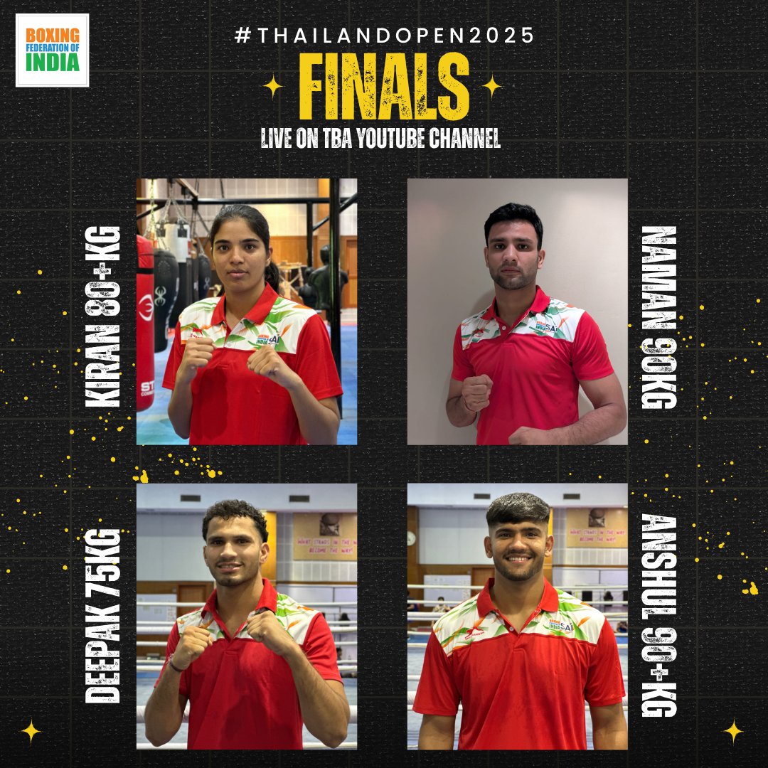 🥇 All Eyes on Gold! 🇮🇳

Kiran, Naman, Deepak &amp; Anshul are all set to fight for the top prize at the #ThailandOpen2025 finals TODAY!

Catch the action LIVE on the Thailand Boxing Association YouTube channel from 11:30 AM 🎥🔥

#BFI #PunchMeinHaiDum