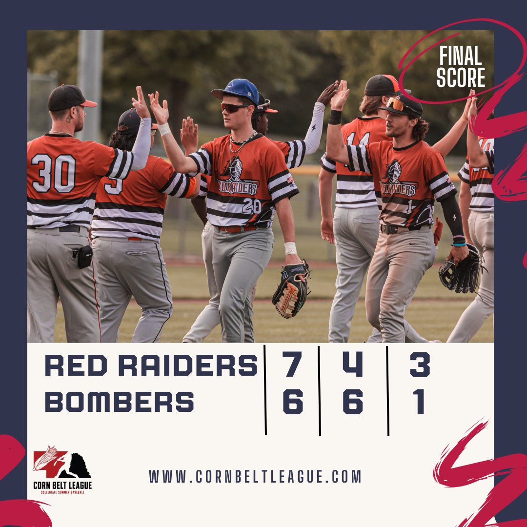 Despite getting outhit in game one of the season, the Red Raiders finish the game on top of the Bombers in a back and forth game

FINAL
Red Raiders 7
Bombers 6

Top Performers
Hansen 1-1 3B, 2RBIs
Franks 0-0 4BB, 3SB, 2R
Brisbois, Steele, &amp; Hansen with 2 RBIs