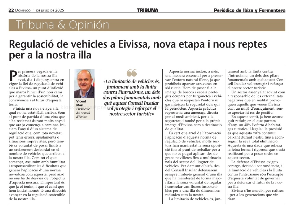 PP Consell d'Eivissa (@ppconsell) on Twitter photo 🚗🌿 Avui, 1 de juny, entra en vigor per primera vegada a la història d’Eivissa la llei de regulació de vehicles. Un punt d’inflexió per garantir sostenibilitat, convivència i futur per a la nostra illa.
📝 Tribuna de <a href="/vmaritorres/">Vicente Marí Torres</a> al @periodicodeibz 👇
🔗 periodicodeibiza.es/opinion/firmas… 🚗🌿 Avui, 1 de juny, entra en vigor per primera vegada a la història d’Eivissa la llei de regulació de vehicles. Un punt d’inflexió per garantir sostenibilitat, convivència i futur per a la nostra illa.
📝 Tribuna de <a href="/vmaritorres/">Vicente Marí Torres</a> al @periodicodeibz 👇
🔗 periodicodeibiza.es/opinion/firmas…