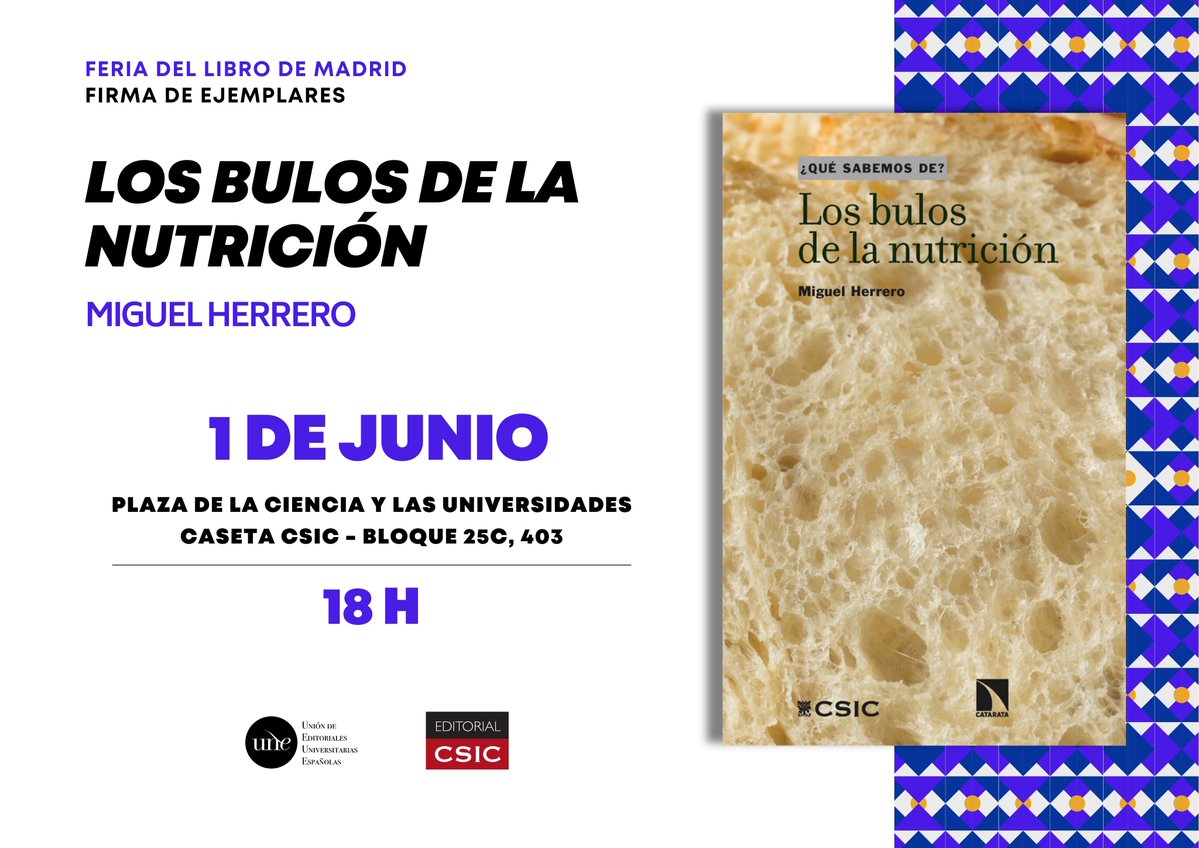Edición Universitaria (@unelibros) on Twitter photo ⏰ 18:00
🖋 <a href="/Mherrero_0n/">Miguel Herrero</a>
📚 'Los bulos de la nutrición' (<a href="/EditorialCSIC/">Editorial CSIC</a>)
⛱ Caseta de Editorial CSIC: Bloque 25C, nº403. ⏰ 18:00
🖋 <a href="/Mherrero_0n/">Miguel Herrero</a>
📚 'Los bulos de la nutrición' (<a href="/EditorialCSIC/">Editorial CSIC</a>)
⛱ Caseta de Editorial CSIC: Bloque 25C, nº403.