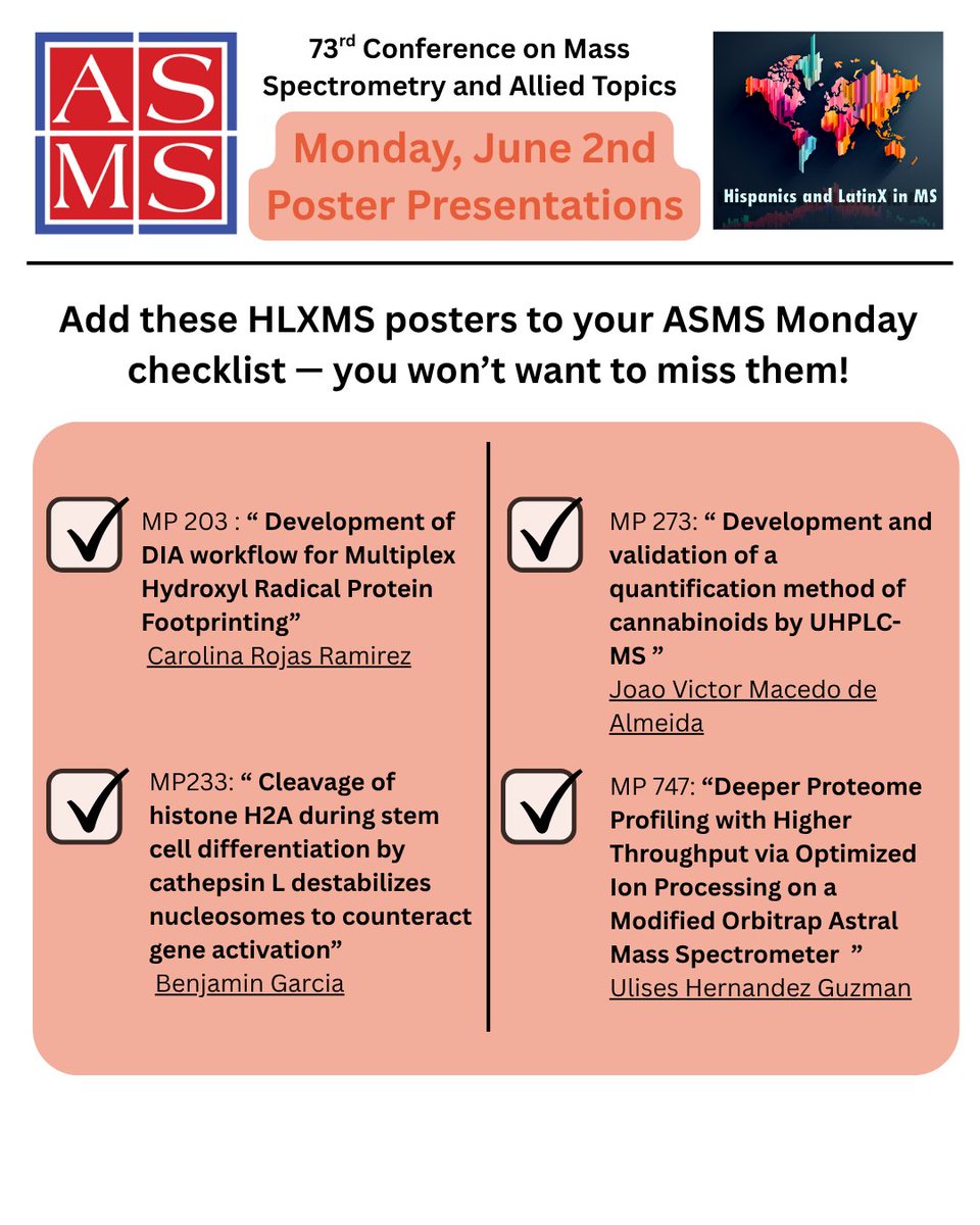 HispanLatinxMS's tweet photo. π Latinx & Hispanic scientists!
Save this post and follow all the amazing posters and talks weβve shared for ASMS Baltimore each day.
Support our community & celebrate with us! π²π½π§π·π¨π΄π¦π·π΅π·π¨π±
#ASMS2025 #LatinxInScience #MassSpec #HLXMS https://t.co/a2BRStUDnA