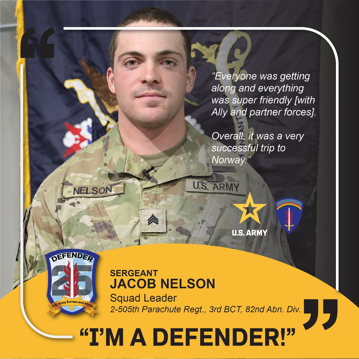 USArmyEURAF's tweet image. I&apos;M A DEFENDER - Sgt. Jacob Nelson @82ndABNDiv during #SwiftResponse 2025 at Setermoen, #Norway May 16, 2025.

#DefenderEurope #WeAreNATO #SwordOfFreedom @NATO @USArmy