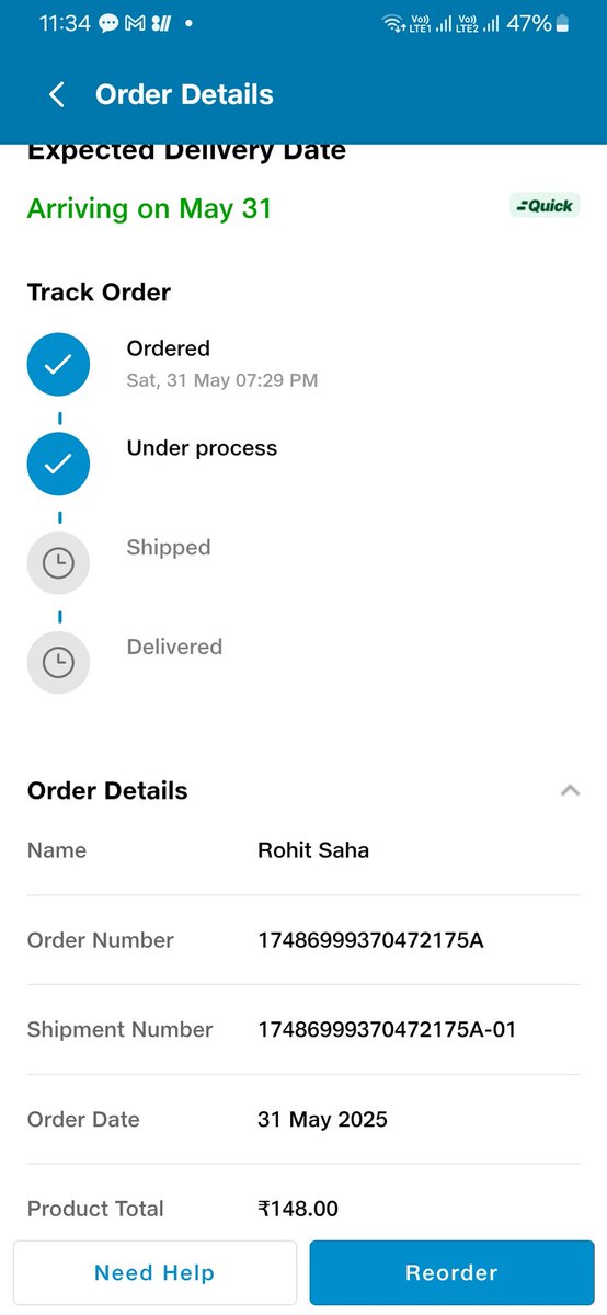 rohitsaha__'s tweet photo. @JioMart @JioMart_Support I placed a Quick delivery order (ID: 17486999370472175A) on May 31 at 7:29 PM. It's June 1 now, and the order is still "Under Process" with no updates or resolution. This is disappointing. Please resolve this immediately. #JioMart #CustomerSupport https://t.co/zJ3KZPFFdj