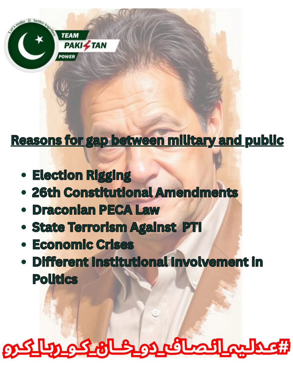حفصہ🥀 (@hf_sa2) on Twitter photo Reasons for gap between military and public👇
~Election Rigging
~26th Constitutional Amendments
~Draconian PECA Law
~State Terrorism Against PTI
~Economic Crisis
~Different Institutional Involvement In Politics
#عدلیہ_انصاف_دو_خان_کو_رہا_کرو
<a href="/TeamPakPower/">Team Pakistan Power</a> Reasons for gap between military and public👇
~Election Rigging
~26th Constitutional Amendments
~Draconian PECA Law
~State Terrorism Against PTI
~Economic Crisis
~Different Institutional Involvement In Politics
#عدلیہ_انصاف_دو_خان_کو_رہا_کرو
<a href="/TeamPakPower/">Team Pakistan Power</a>