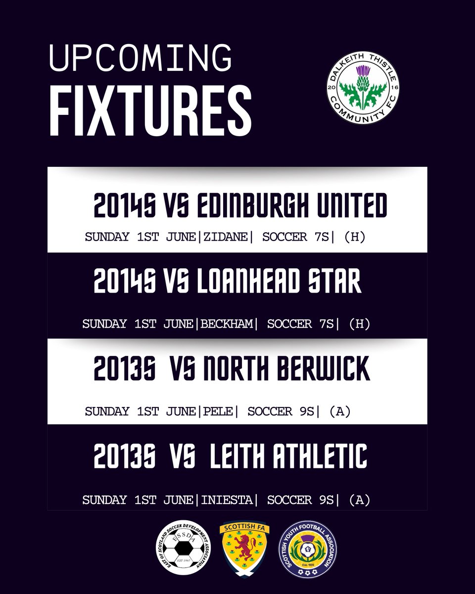 DalkeithCFC's tweet image. ⚫️⚪️ Good morning and good luck to all our Dalkeith Thistle teams in @ESSDAfootball action today!

Have fun, play with confidence, and make the most of every moment on the pitch. ⚽👏
#DalkeithThistle #ESSDA