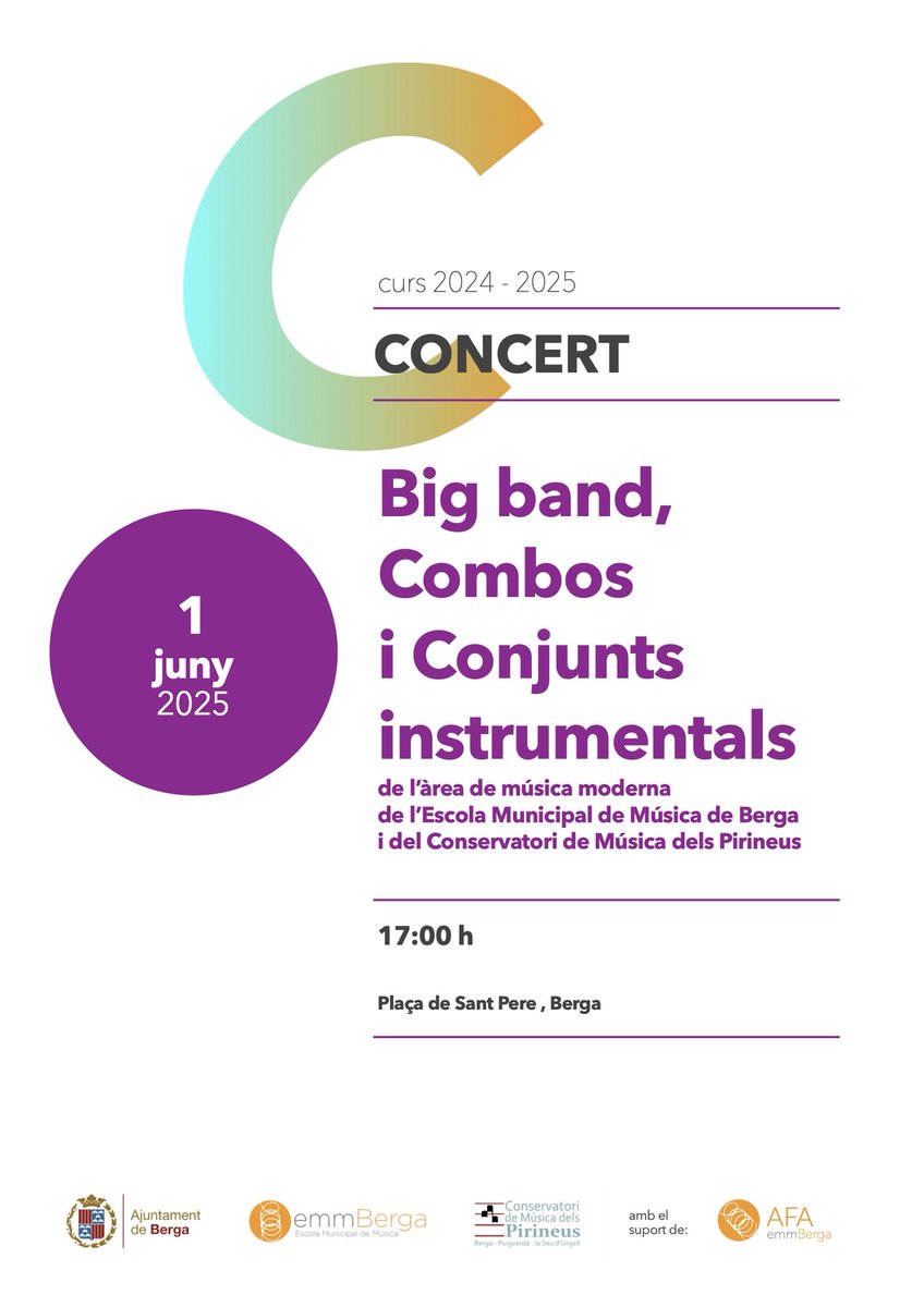 Avui a les 17.00 h. us esperem a la Plaça Sant Pere amb el concert dels Combos i la Big Band de l’escola.