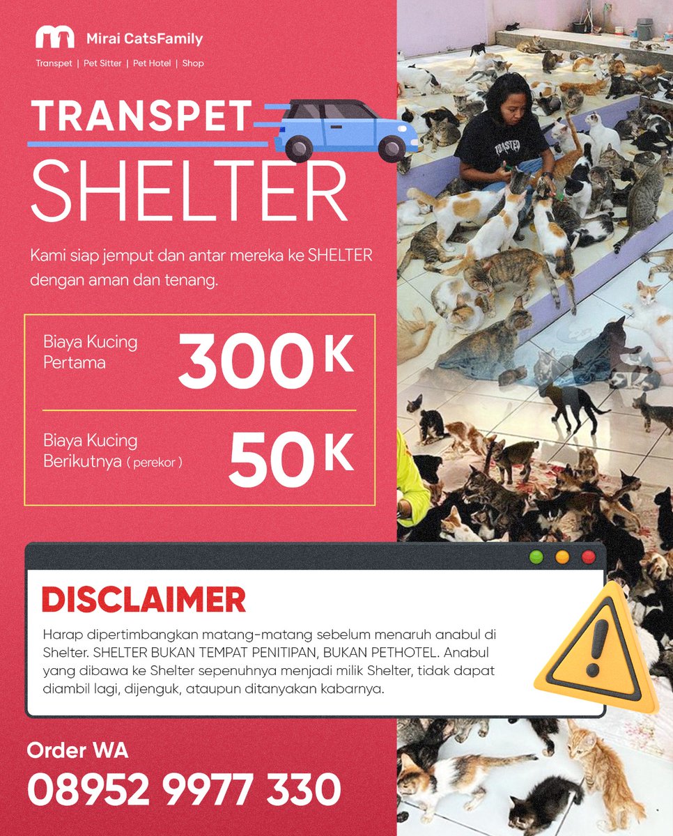 PROMO STERIL KUCING
ANTAR JEMPUT JUNI 2025

☀️ Ga panas, Ga kehujanan 🌧️

🏡 Jemput Jadetabek-Tangsel &amp; kab.
💳 TF, QRIS, Cash, SPayLater, Tokped, CC

😻 Biaya Steril + Antibiotik + Vit.
🚗 Pakai Mobil PP
🆓 Ranap
🆓 Neck Collar
🆓 Pinjam Cargo
🆓 Stiker*

Wa.me/6289529977330