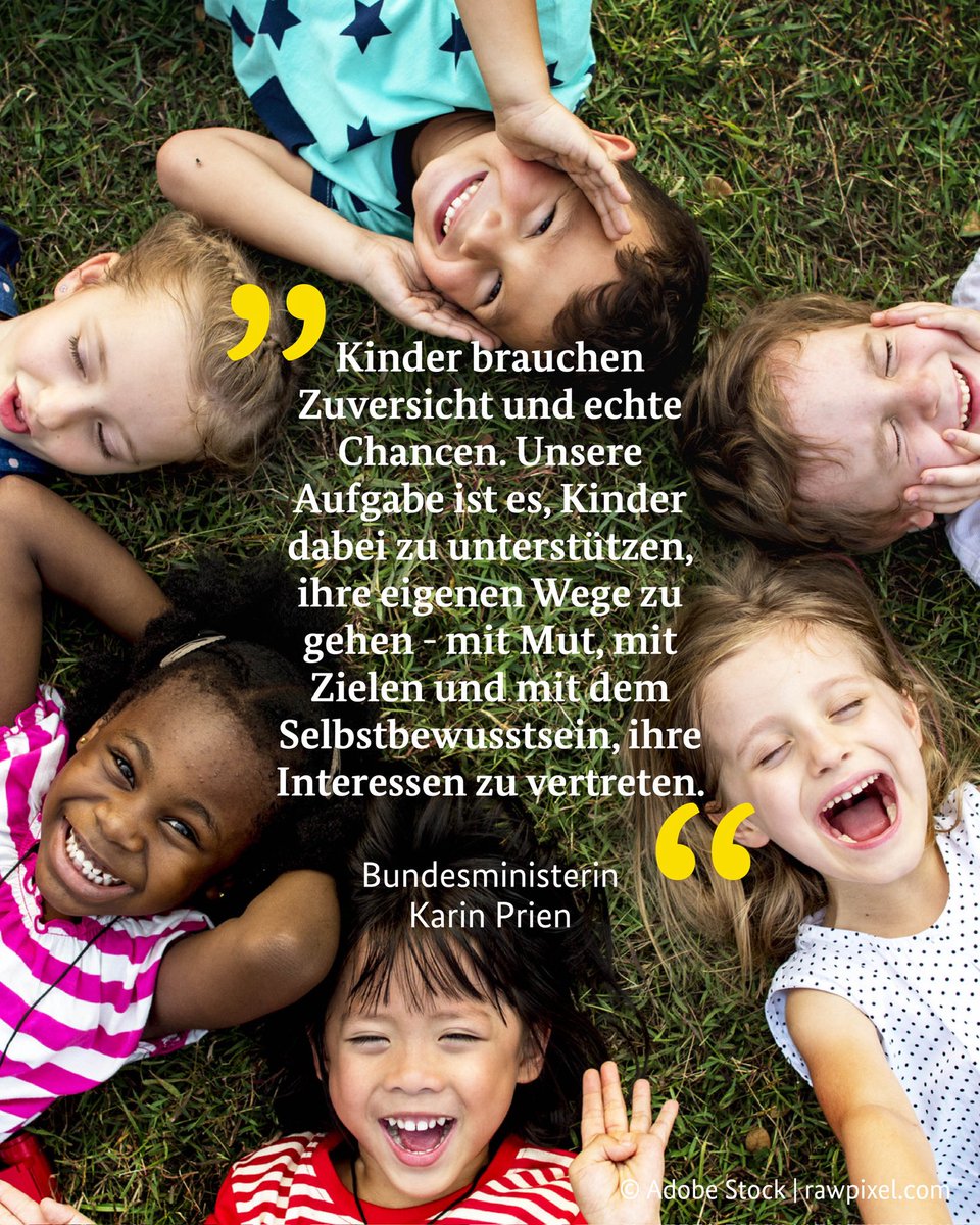 Familien-, Senioren-, Frauen- & Jugendministerium (@bmfsfj) on Twitter photo Wir wünschen allen Kindern heute einen schönen #Kindertag!
„Politik muss Rahmenbedingungen schaffen, in denen jedes Kind sich entfalten kann – unabhängig von sozialer Herkunft. Und wenn wir heute in ihre Zukunft investieren, handeln wir auch generationengerecht.” <a href="/PrienKarin/">Karin Prien</a> Wir wünschen allen Kindern heute einen schönen #Kindertag!
„Politik muss Rahmenbedingungen schaffen, in denen jedes Kind sich entfalten kann – unabhängig von sozialer Herkunft. Und wenn wir heute in ihre Zukunft investieren, handeln wir auch generationengerecht.” <a href="/PrienKarin/">Karin Prien</a>