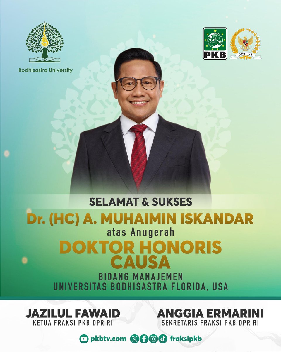 Selamat dan sukses Dr. (HC) A. Muhaimin Iskandar <a href="/cakimiNOW/">A Muhaimin Iskandar</a> atas anugerah Doktor Honoris Causa bidang manajemen  Universitas Bodhisastra Florida, AS.