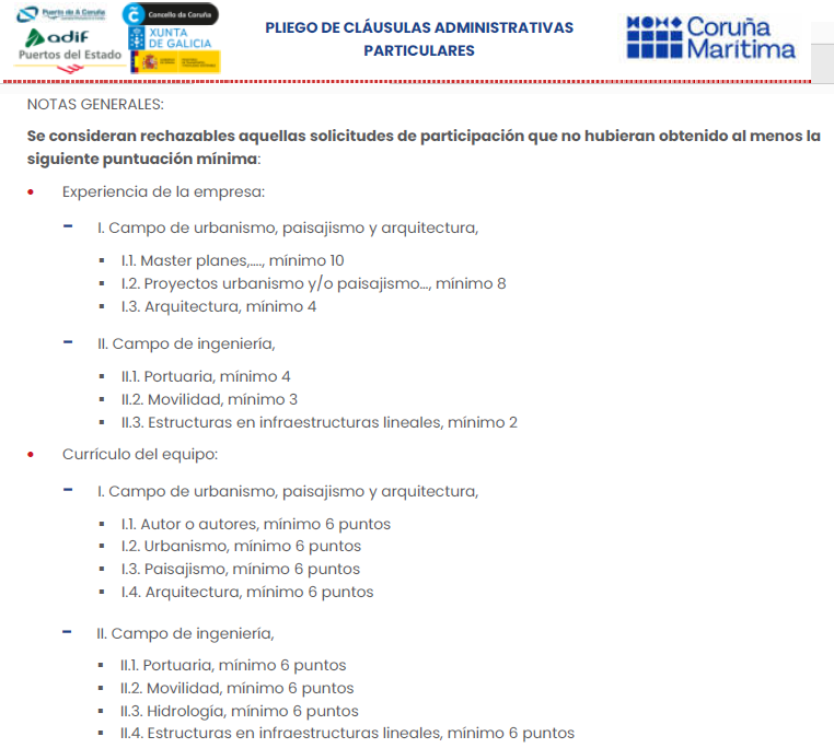 Concurso Coruña Marítima.
Se xa son restritivos os requisitos para poder participar, moito mais o son os criterios para non ser excluído. 
Por exemplo, hai que acreditar ser proxectista dun edificio dotacional (construído) cun orzamento de mínimo 100 millóns de € (si, 100 M€).