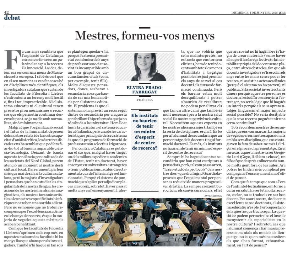 Carme Fenoll (@carmefenoll) on Twitter photo 📚 “Mestres, formeu-vos menys”, escriu <a href="/lafabregat/">Elvira Prado-Fabregat</a> al <a href="/diariARA/">diariARA</a>. Defensa que a secundària calen docents amb recorregut i recerca pròpia, no un sistema que només compta anys i cursets. Cita el seu mestre <a href="/GregorioLuri/">Gregorio Luri</a> i a <a href="/Ingridguardiola/">Ingrid Guardiola</a>, crítica amb la servitud dels protocols 📚 “Mestres, formeu-vos menys”, escriu <a href="/lafabregat/">Elvira Prado-Fabregat</a> al <a href="/diariARA/">diariARA</a>. Defensa que a secundària calen docents amb recorregut i recerca pròpia, no un sistema que només compta anys i cursets. Cita el seu mestre <a href="/GregorioLuri/">Gregorio Luri</a> i a <a href="/Ingridguardiola/">Ingrid Guardiola</a>, crítica amb la servitud dels protocols