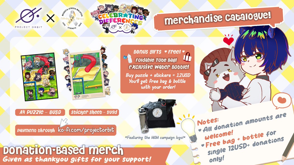 🛍️ Support the cause &amp; get cute goodies!
Our #POxMAM charity merch is donation-based 💖

✨ A4 Puzzle – 8USD | Sticker Sheet – 5USD
🎁 Donate 12USD+ = FREE tote bag + water bottle!

🛒 Donate via: ko-fi.com/projectorbit
100% proceeds go to Microtia Atresia Malaysia 💌