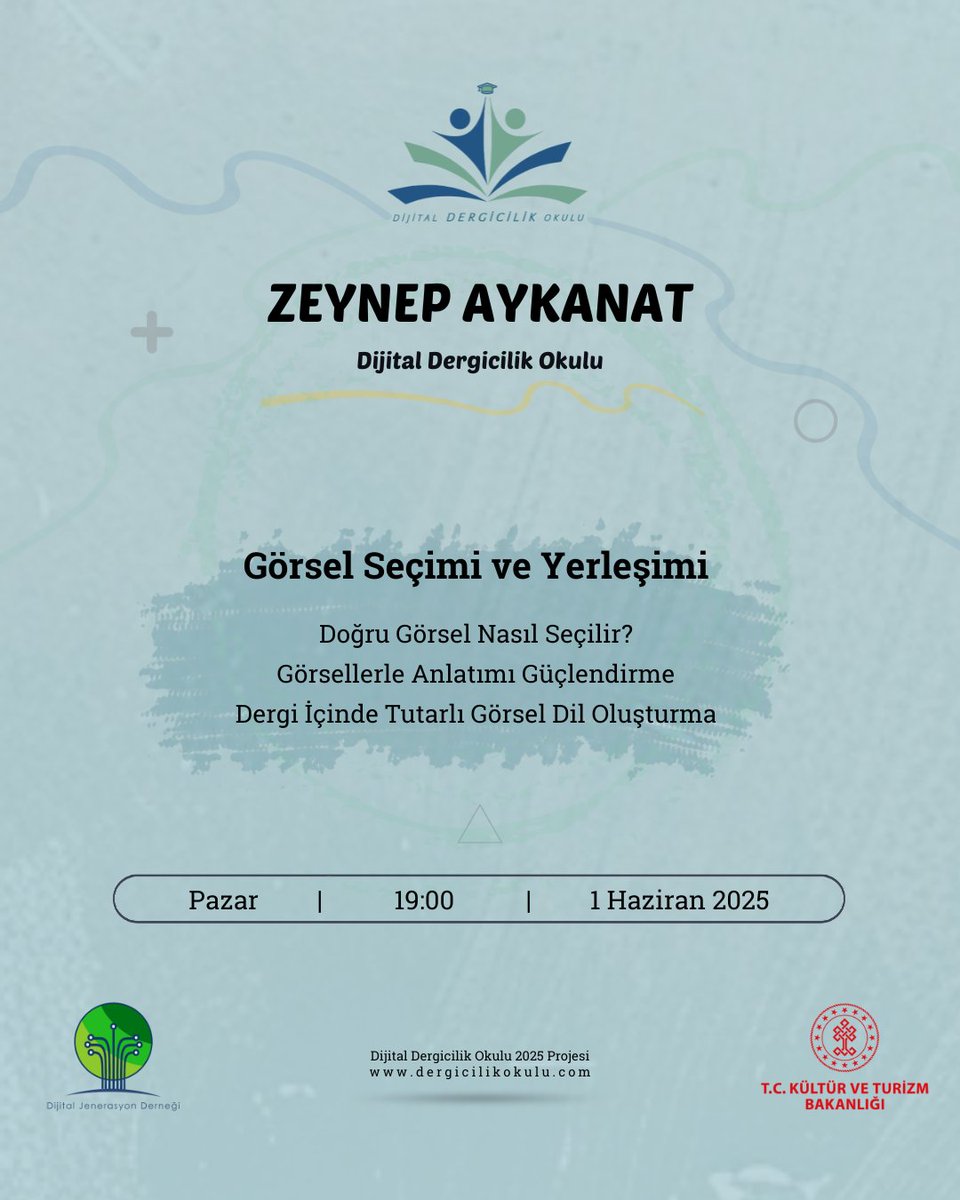 Zeynep Aykanat ile Görsel Seçimi ve Yerleşimi dersimizle;

Doğru Görsel Nasıl Seçilir?
Görsellerle Anlatımı Güçlendirme
Dergi İçinde Tutarlı Görsel Dil Oluşturma

📅 1 Haziran 2025, Pazar
🕘 19:00
🚩 Dijital Dergicilik Okulu