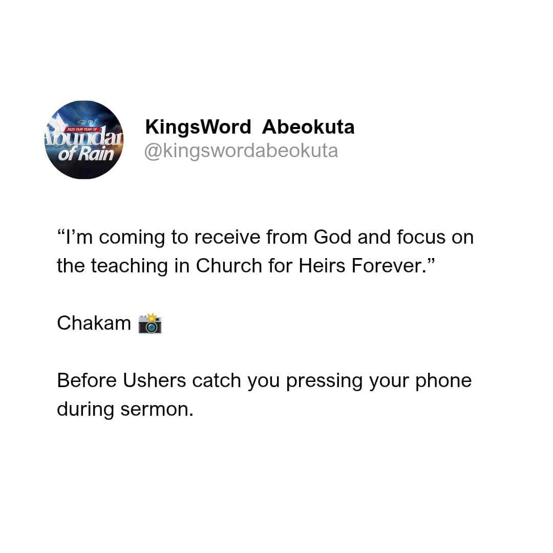 kicabeokuta's tweet photo. Repeat after us:
"I will NOT be late for Sunday's Heirs Forever!"

📆June 1st (9AM)
📍At The Favour Land
(Drive off MAPOLY road, Ojere, Onikolobo)

Show up early and ready!
#HeirsForever #ChakamTrend #KingsWordAbeokuta #Sunday #meme #NoMoreExcuses #SundayLoading #ChurchTrend https://t.co/MQY9JOBMo0