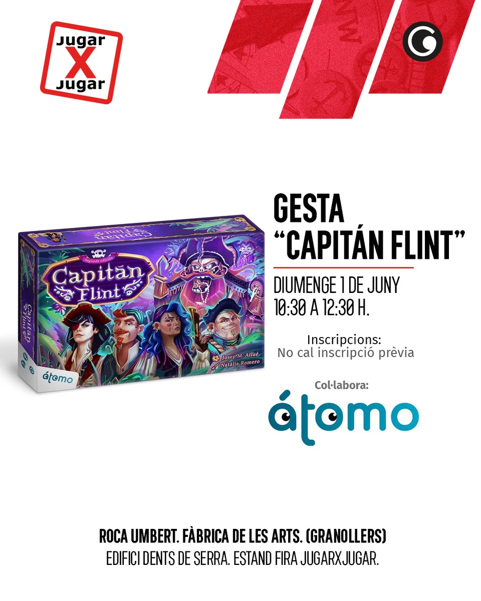 🏴‍☠️ La Gesta: Capitán Flint 🦜
¡Una aventura solo para valientes!
Demuestra tu ingenio y habilidad en el reto de Capitán Flint de Átomo Games. Si logras una de las 5 metas que te proponemos… ¡te llevas premio!

📅 Domingo 1 de junio
🕥 De 10:30 a 12:30 h
📍 Nau Dents de Serra