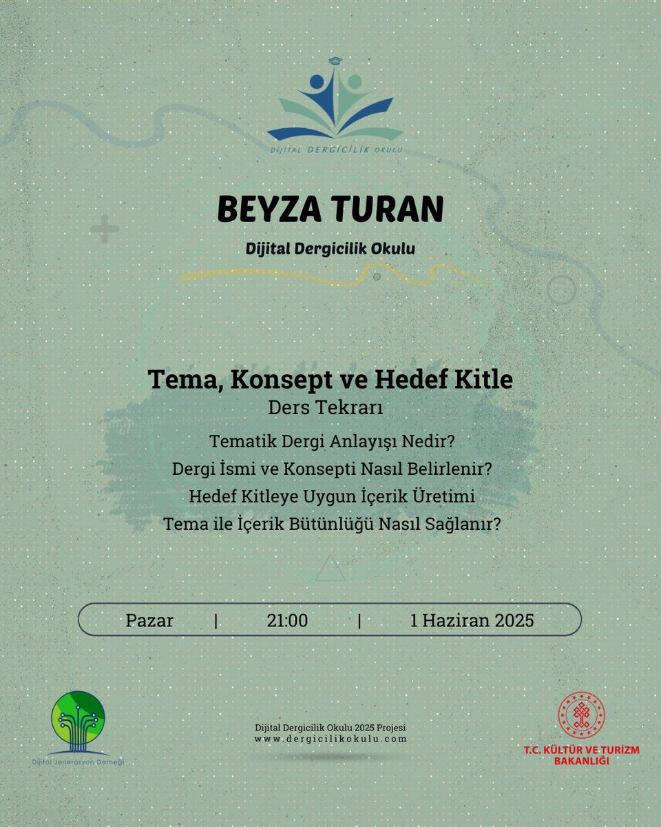 Beyza Turan ile Tema, Konsept ve Hedef Kitle dersimizle;

Ders Tekrarı
Tematik Dergi Anlayışı Nedir?
Dergi İsmi ve Konsepti Nasıl Belirlenir?
Hedef Kitleye Uygun İçerik Üretimi
Tema ile İçerik Bütünlüğü Nasıl Sağlanır?

📅 1 Haziran 2025 Pazar
🕘 21:00
🚩 Dijital Dergicilik Okulu