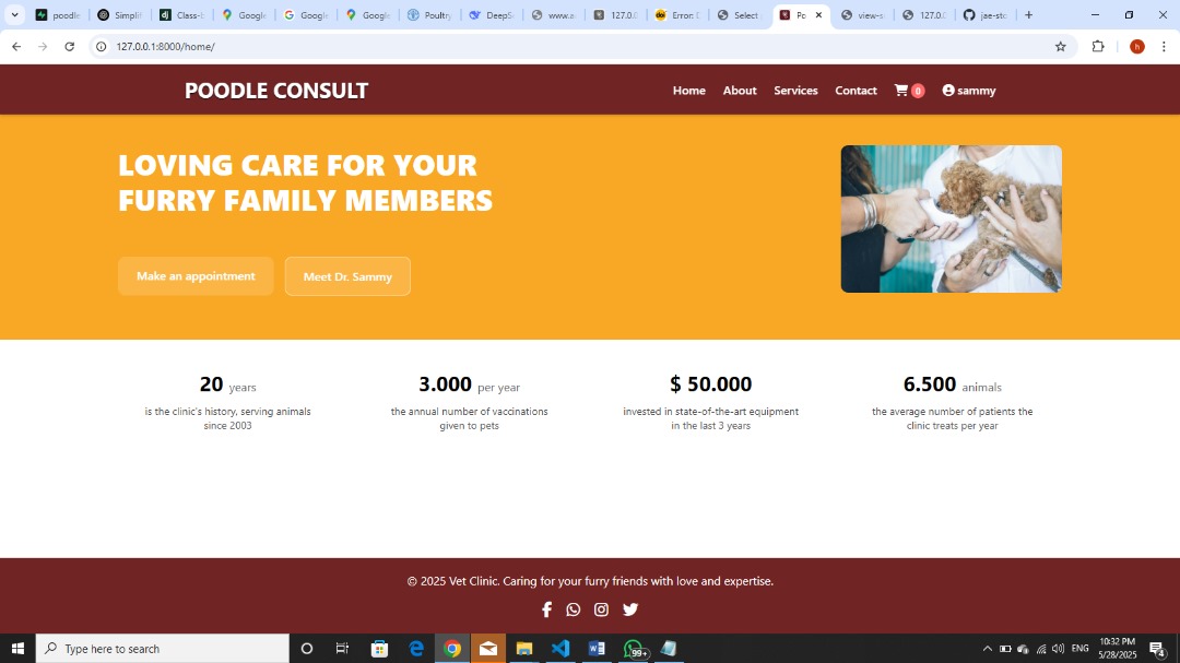 Jaemes_18's tweet image. Poodle Consult in Progress! 🐾
A sneak peek at the homepage — blending clean design with Django backend logic to power appointments, profiles, and more.
This is just the beginning of our full-stack vet clinic journey!
#WebDevJourney #Python #DjangoBackend #PoodleConsult