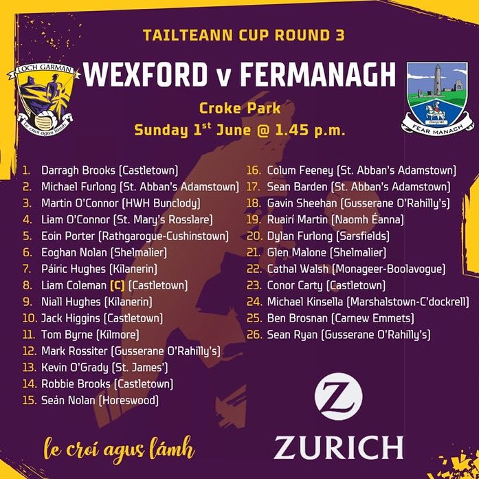 Best wishes to Mr Porter, Mr Hegarty and the Wexford senior footballers today in Croke Park v Fermanagh. 
🟣🟡🟣🟡