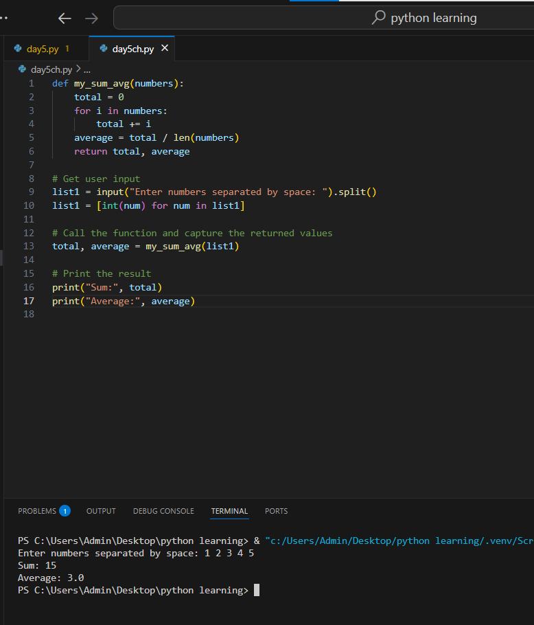 Saikeerthanad19's tweet photo. Day 0๏ธโฃ5๏ธโฃ of #30DayPythonChallenge
๐ Topic: Functions in Python
๐น Defining def
๐น Parameters
๐น return values
๐น Lambda functions
Challenge: Write a function to compute sum & average of a list.
@indiandataclub
#PythonLearning #IDC30DaysChallenge #30DaysOfPython https://t.co/mQPgXepOIR