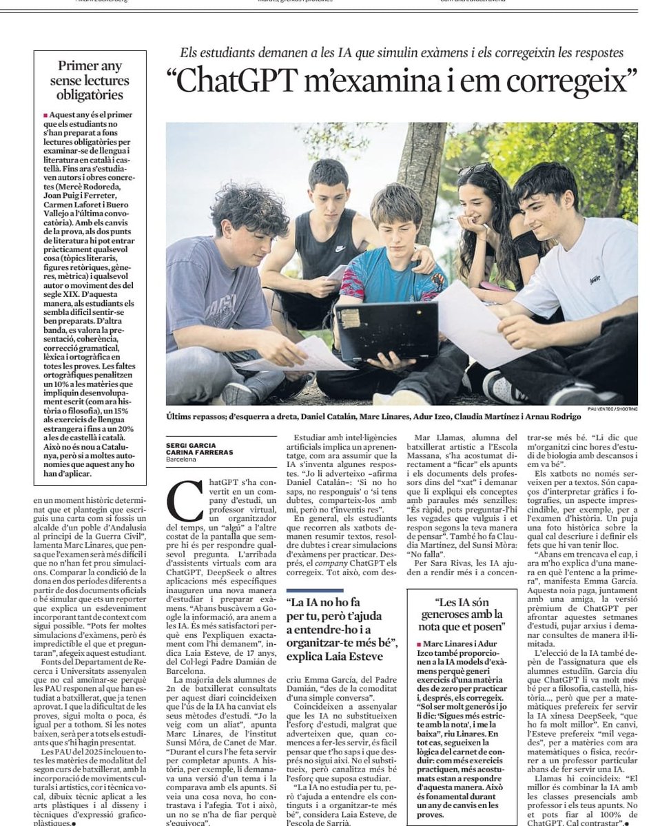 Carme Fenoll (@carmefenoll) on Twitter photo 🧠A la selectivitat 2025 no hi ha lectures obligatòries i molts estudiants ja es preparen amb IA: ChatGPT els corregeix textos, simula exàmens i els resol dubtes.
“Li dic què estudiar i m’ho organitza”, explica la Mar Llamas.
Crònica de <a href="/cfdeh/">Carina Farreras</a> i Sergi Garcia a #LV 🧠A la selectivitat 2025 no hi ha lectures obligatòries i molts estudiants ja es preparen amb IA: ChatGPT els corregeix textos, simula exàmens i els resol dubtes.
“Li dic què estudiar i m’ho organitza”, explica la Mar Llamas.
Crònica de <a href="/cfdeh/">Carina Farreras</a> i Sergi Garcia a #LV