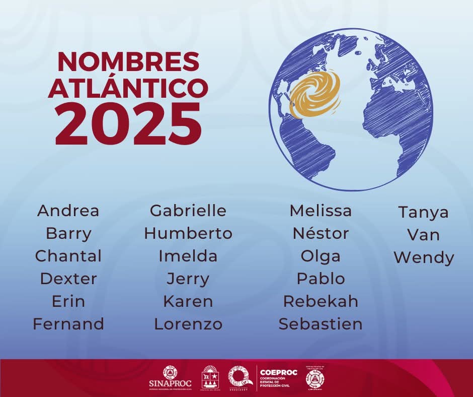 🚨"MANTENGAMONOS ATENTOS"🚨

🌪⛈Hoy 01 de junio inicia la Temporada de Lluvias y Ciclones Tropicales en el Océano Atlántico. 
🦺En la Coordinación Estatal de Protección Civil Quintana Roo, te compartimos el pronóstico y los nombres de la Temporada 2025 para que estés informado.