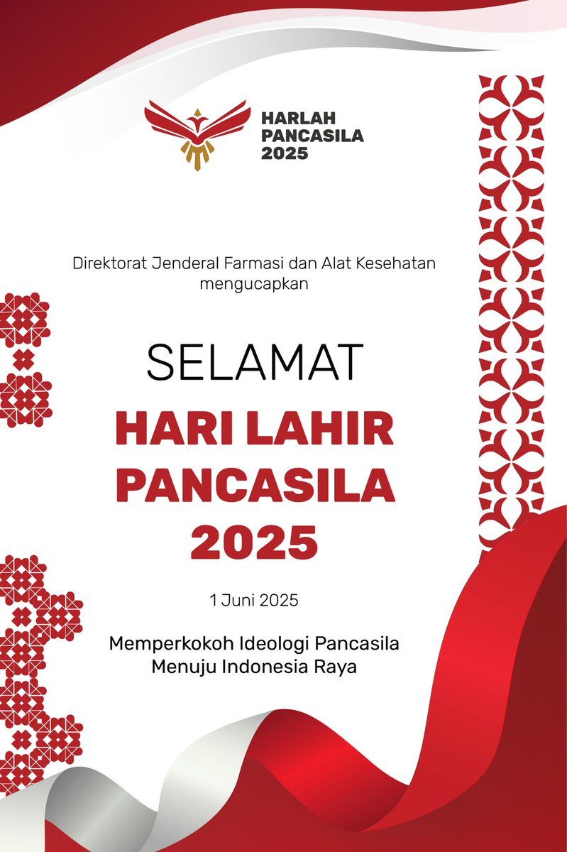 Hai #SobatSehat,
Selamat Hari Lahir Pancasila 1 Juni 2025.

Dengan semangat memperkokoh ideologi Pancasila, mari bersatu membangun Indonesia Raya yang berdaulat, adil, dan makmur untuk seluruh rakyat Indonesia.

Salam Sehat!
#KemenkesRI #Farmalkes #HarlahPancasila