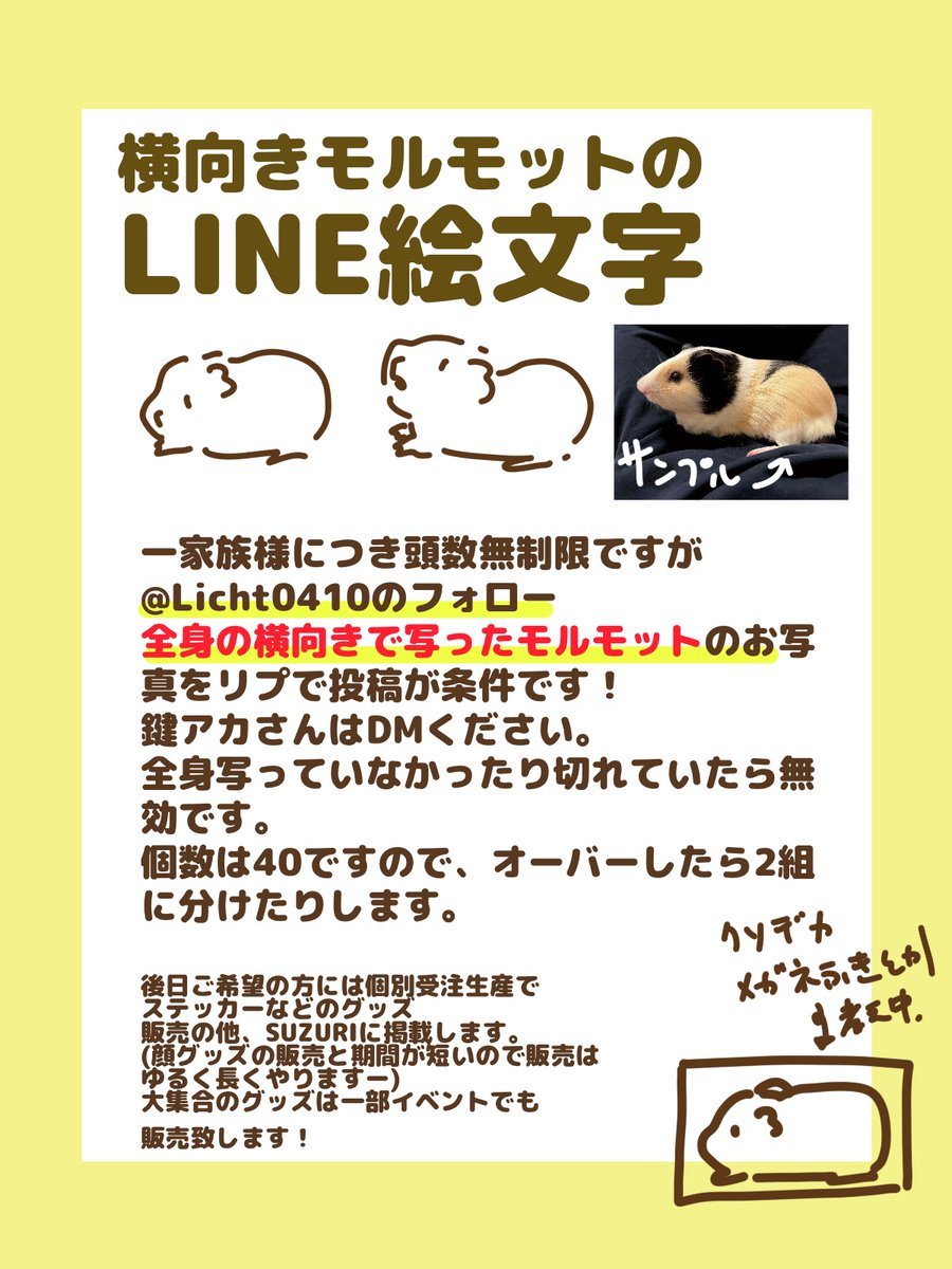 Licht0410's tweet photo. 【モルモットモデル募集】
モルモットの横向き絵文字のモデル募集を行います🐹❣️
イラストは線画は大体同じでうちの子カラーにする感じです！左右どちらもあると大変助かります！
頭数無制限で半端な数になったら2組に分けてお顔以外の絵文字も入れるかもですー。
絵文字以外に、デザフェスで販売予定のグッズのイラストにもします！（別の絵柄です）
大きいサイズで作るので他にもグッズにしたりSUZURI対応出来ます！
画像の注意事項をよくお読みの上、リプでご応募ください❣️
応募事項満たしてない場合は不採用です🙇‍♀️
〆切は6月5日まで！