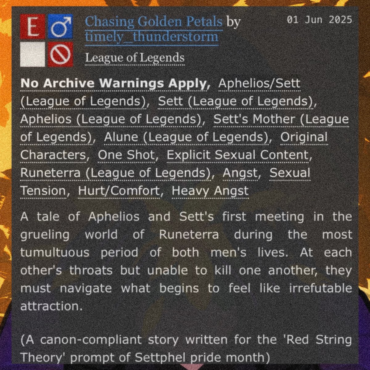 my new settphel story, Chasing Golden Petals, part one is out now with art by <a href="/noxgrave/">nox💤</a> 🩵⬇️

archiveofourown.org/works/66086251

part two with the new song 'Golden Petals' on the Aphelios channel out tomorrow