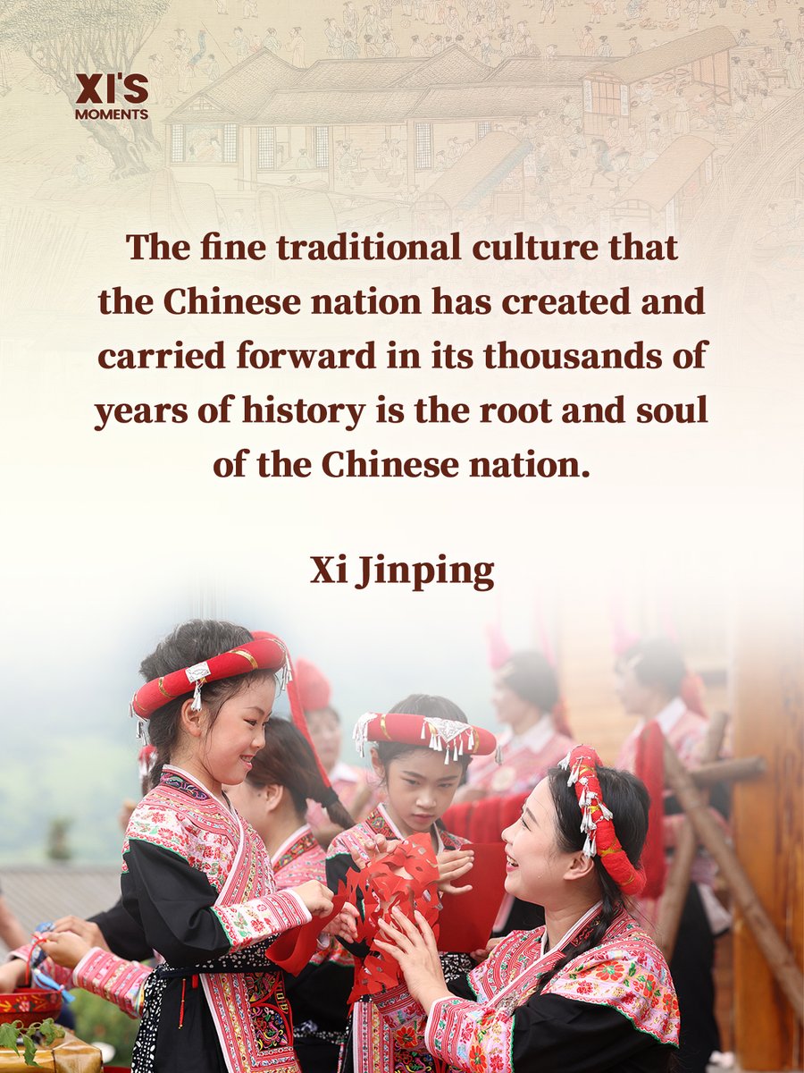 President Xi Jinping has on multiple occasions highlighted the importance of cultural confidence, as well as the preservation and promotion of fine Chinese traditional culture. Let's revisit some highlights of his remarks. (1) #XiJinping #XiQuotes #ChineseCulture