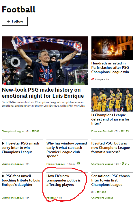 BBC News published two stories revealing women's football in England is now for women only in the same minute. One is relatively objective, offering several views. One is about how it's affected a cross-dressing man. Only the biased one is featured on the News and Sport homepages