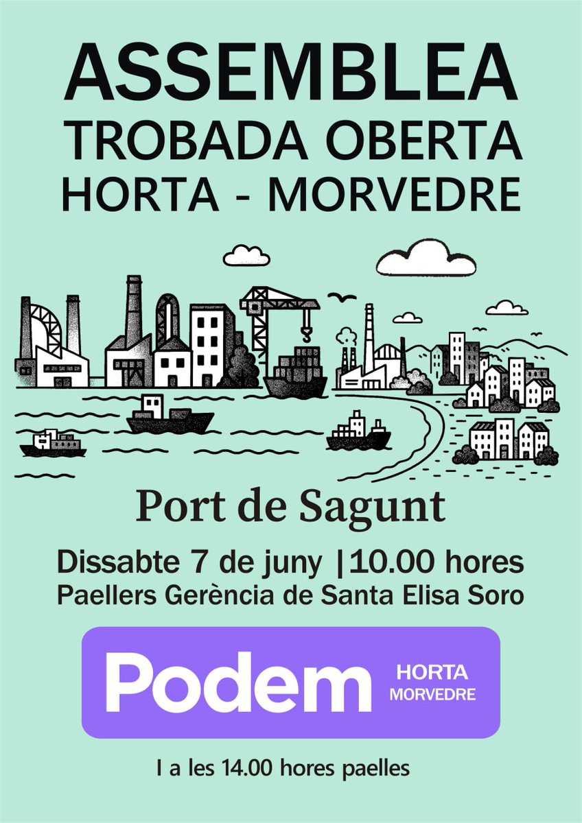 PodemMorvedre's tweet photo. 📢 ASSEMBLEA TROBADA OBERTA
🌍 Horta – Morvedre
📅 Dissabte 7 de juny
🕙 A les 10.00 hores
📍 Paellers Gerència de Santa Elisa Soro, Port de Sagunt
Vine a construir juntes el futur de la nostra comarca! 💪💜
Participa amb Podem!
I a les 14.00 hores paelles 🥘 https://t.co/kfTwAbwP9G