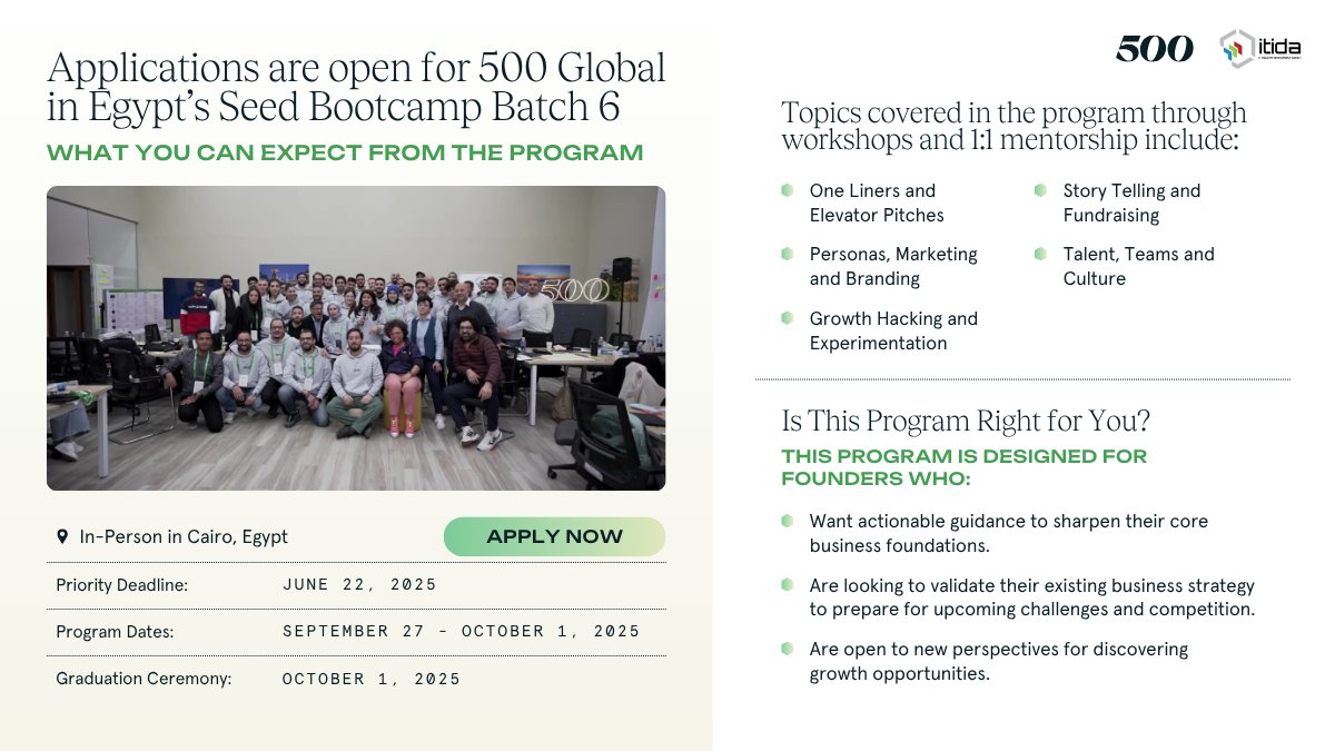 🚀 Hey #Egypt Startups! Applications for our Seed Bootcamp with <a href="/ITIDA/">ITIDA</a> are officially open! Join our 5-day immersive program for pre-seed &amp; seed stage startups.
🎯 Hands-on workshops, 1:1 mentoring on PMF, sales, marketing, fundraising and more! 
Apply: be.500.co/egypt-sbc6