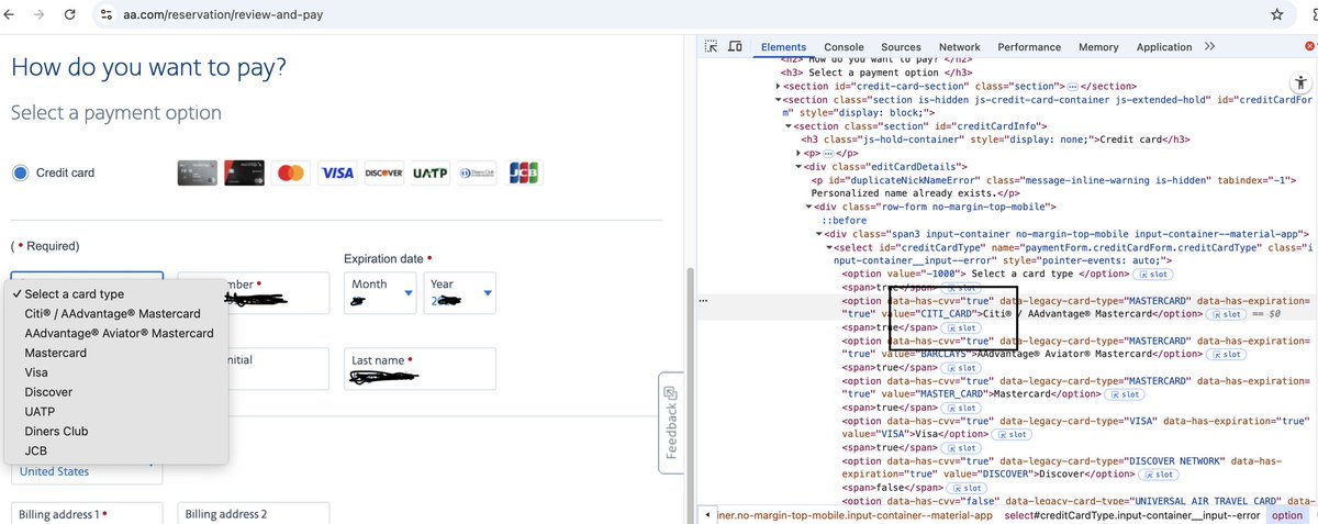 nbogdano's tweet photo. If you are trying to pay with AMEX on @AmericanAir, you won't be able to. Customer service and tech support will also try to charge you a $15 fee. 
BUT, if you know a little bit of HTML, you can change the value of one of the options in the dropdown to AMERICAN_EXPRESS and save $ https://t.co/Ffxv8eBBiI