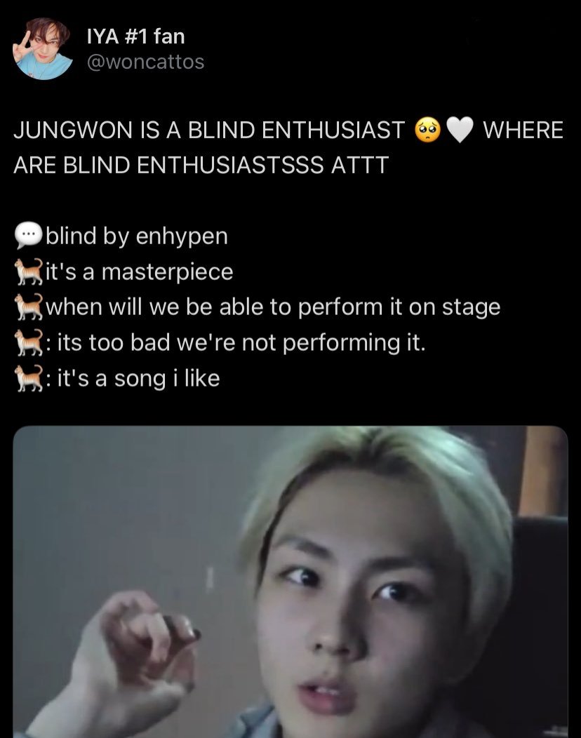 jwonfeline's tweet photo. it’s honestly sad jungwon was the most vocal about “blind”, and this was the first time they performed it live. yet people so comfortably excluded him, and the post still gains engagement. but the moment we point it out, we’re suddenly the “solos”? https://t.co/bV6JlyKkbN