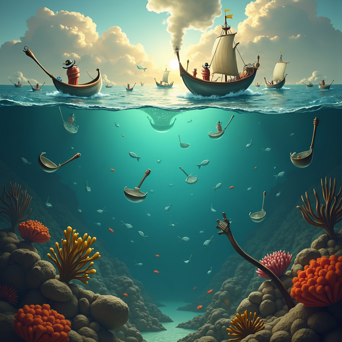PromptSin's tweet image. Massive ships sailing above a vibrant underwater world filled with colorful coral and fish! 🌊🚢 #OceanLife #MarineAdventure