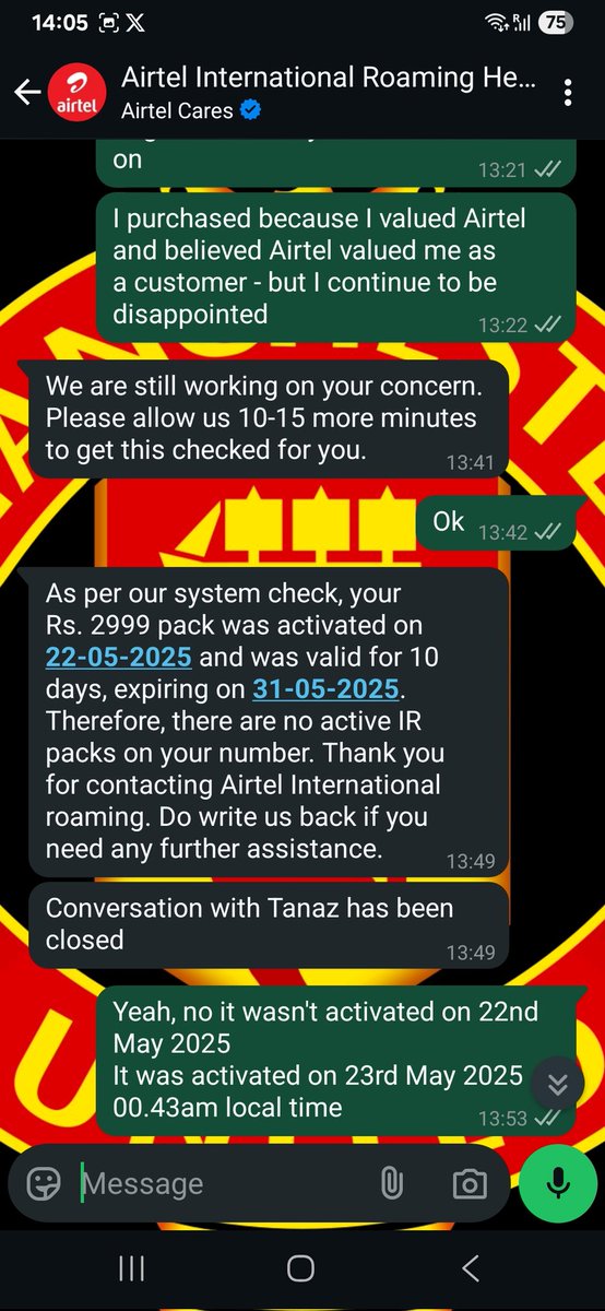moonkumithai's tweet photo. @airtelindia @Airtel_Presence activates 10 day roaming pack but not from local time, from IST, which means I lose 1 day of usage because of 30mins. 
When asking customer care, I get 2 information points - both different from each other. See screenshot below. How pathetic. https://t.co/FobnUgpCHC