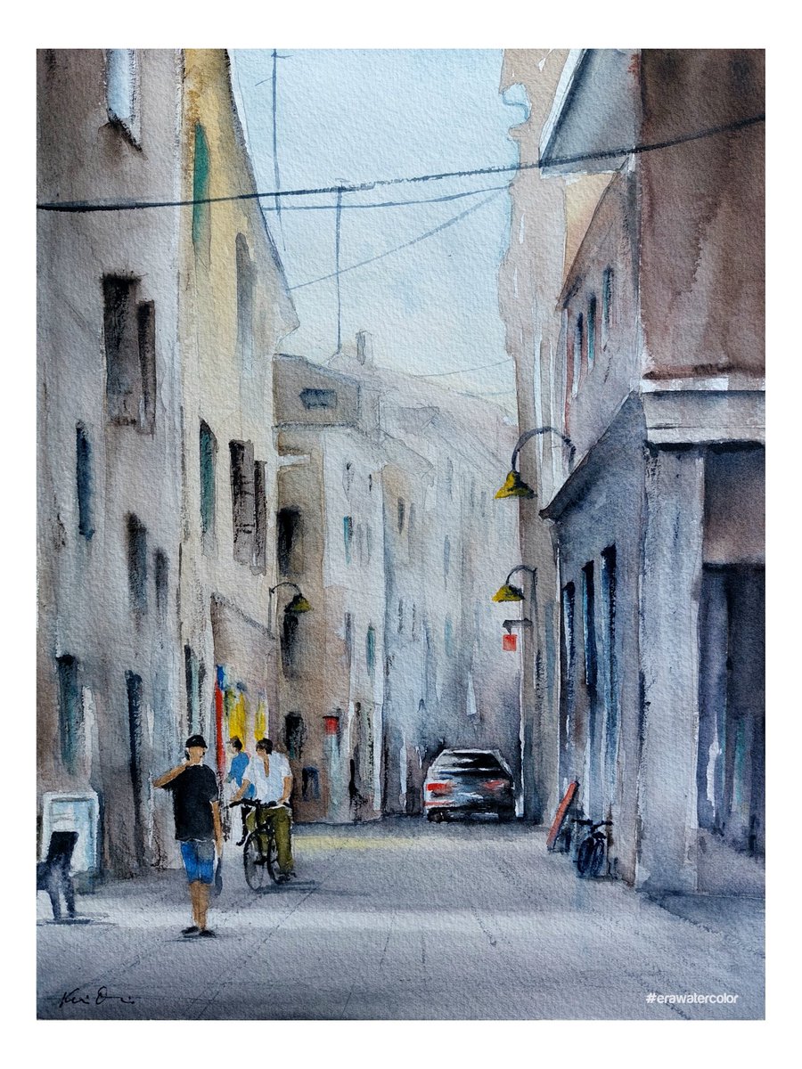 Early evening in #Ferrara.
My #watercolor #painting. 
#art #Italy #StreetArt #arte