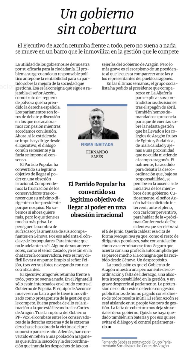 ¡Buenos días!🌤️

Compartimos este artículo del portavoz en las Cortes, <a href="/fsabes/">Fernando Sabés</a>:

✍️El Gobierno de Azcón retumba frente a todo, pero no suena a nada. Sólo le interesa el ruido contra el Gobierno de España. Se mueve en un barro que le tiene inmovilizado.

👉elperiodicodearagon.com/opinion/2025/0…