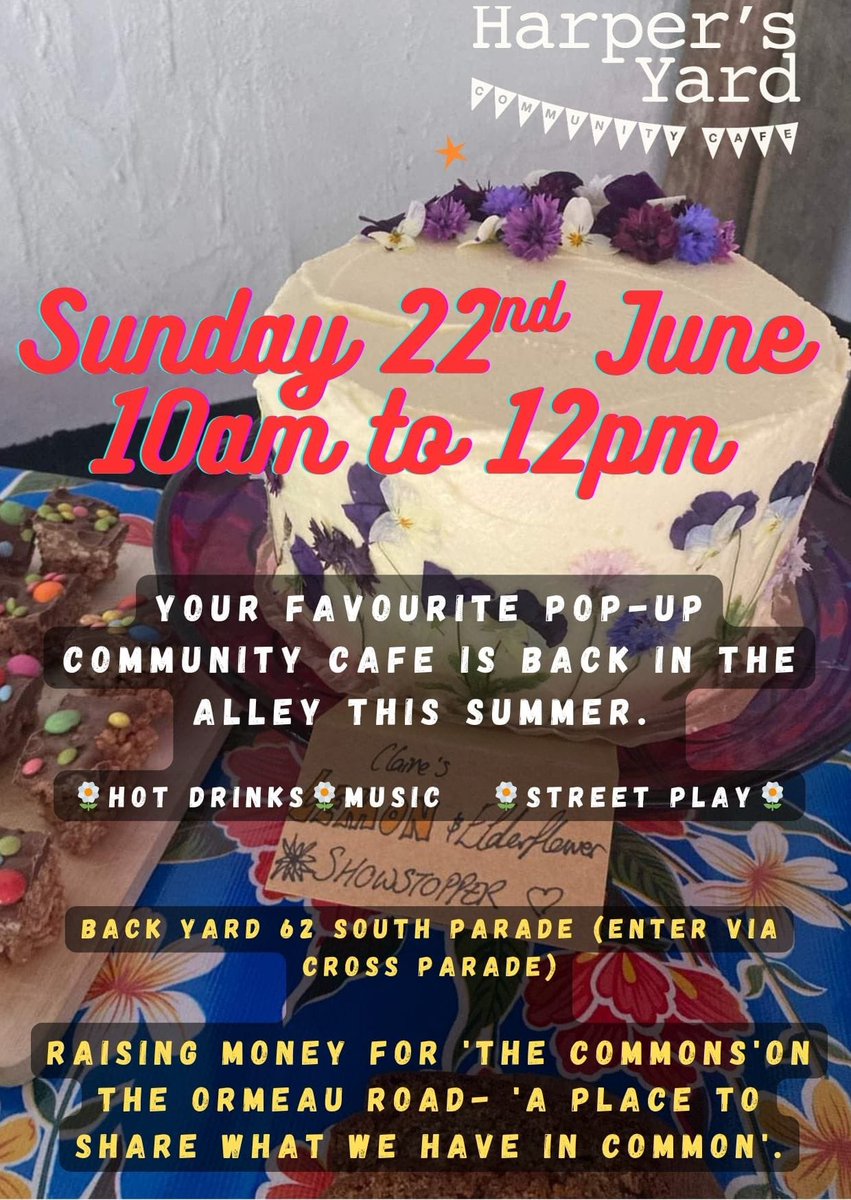 Harper’s Yard is back! 
Sunday 22nd June
10-12
N/S Parades alleyway - enter through Cross Parade
Raising money for The Commons - A place to share what we have in common