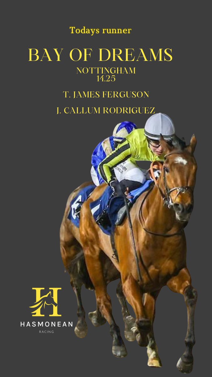 Hasmonean Racing (@hasmoneanracing) on Twitter photo Bay Of Dreams runs today <a href="/NottsRacecourse/">Nottingham Racecourse</a> at 14.25.
She should appreciate the slight ease in the ground compared to her last race.
Best of luck to her owners! Bay Of Dreams runs today <a href="/NottsRacecourse/">Nottingham Racecourse</a> at 14.25.
She should appreciate the slight ease in the ground compared to her last race.
Best of luck to her owners!