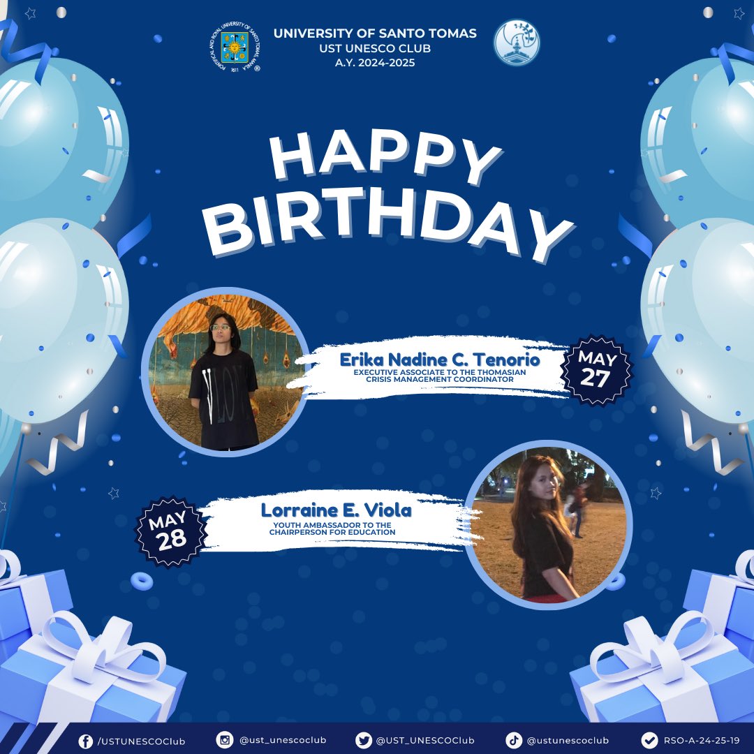 As the month of May concludes, the UST UNESCO Club extends its warmest wishes to the advocates who celebrated their special day during this special month. 
Let's wish these advocates a very happy birthday!

#BuildPeaceByPiece 🕊💙