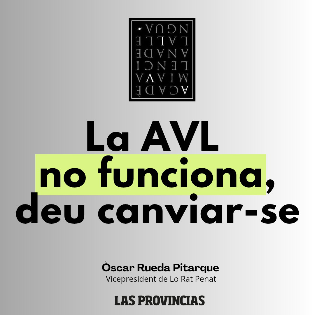 ✒️📰 Hui <a href="/_OscarRueda_/">Òscar Rueda</a> , vicepresident de Lo Rat Penat publica en <a href="/lasprovincias/">LAS PROVINCIAS</a> un demolidor artícul i deixa ben clar el fracàs de l'Acadèmia Valenciana de la Llengua ( <a href="/AVLoficial/">AVL</a> ) com a institució estatutària.

Pots llegir l'artícul ací ➡️ lasprovincias.es/opinion/oscar-…