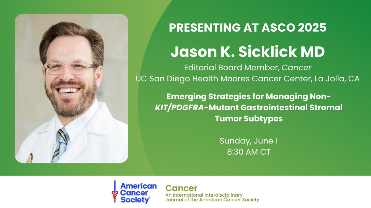 ACS Journal Cancer (@journalcancer) on Twitter photo At #ASCO25, "We’ve only GIST begun!"🚀 The approaching Education Session covers key challenges, mutations, & new therapies in GIST.
Dr. <a href="/JasonSicklick/">Jason Sicklick</a>, Cancer Editorial Advisory Board member, presents. His work has deeply shaped the field: acsjournals.onlinelibrary.wiley.com/doi/10.1002/cn…
<a href="/OncoAlert/">OncoAlert</a> At #ASCO25, "We’ve only GIST begun!"🚀 The approaching Education Session covers key challenges, mutations, & new therapies in GIST.
Dr. <a href="/JasonSicklick/">Jason Sicklick</a>, Cancer Editorial Advisory Board member, presents. His work has deeply shaped the field: acsjournals.onlinelibrary.wiley.com/doi/10.1002/cn…
<a href="/OncoAlert/">OncoAlert</a>