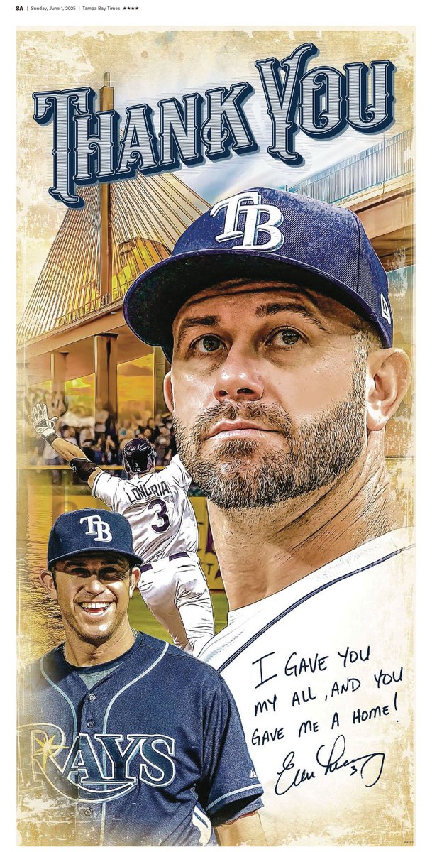 Marc Topkin (@tbtimes_rays) on Twitter photo Classy gesture by former #Rays star Evan Longoria, with a thank you message to fans in today’s <a href="/TB_Times/">Tampa Bay Times</a> in advance of Saturday’s retirement ceremony: Classy gesture by former #Rays star Evan Longoria, with a thank you message to fans in today’s <a href="/TB_Times/">Tampa Bay Times</a> in advance of Saturday’s retirement ceremony: