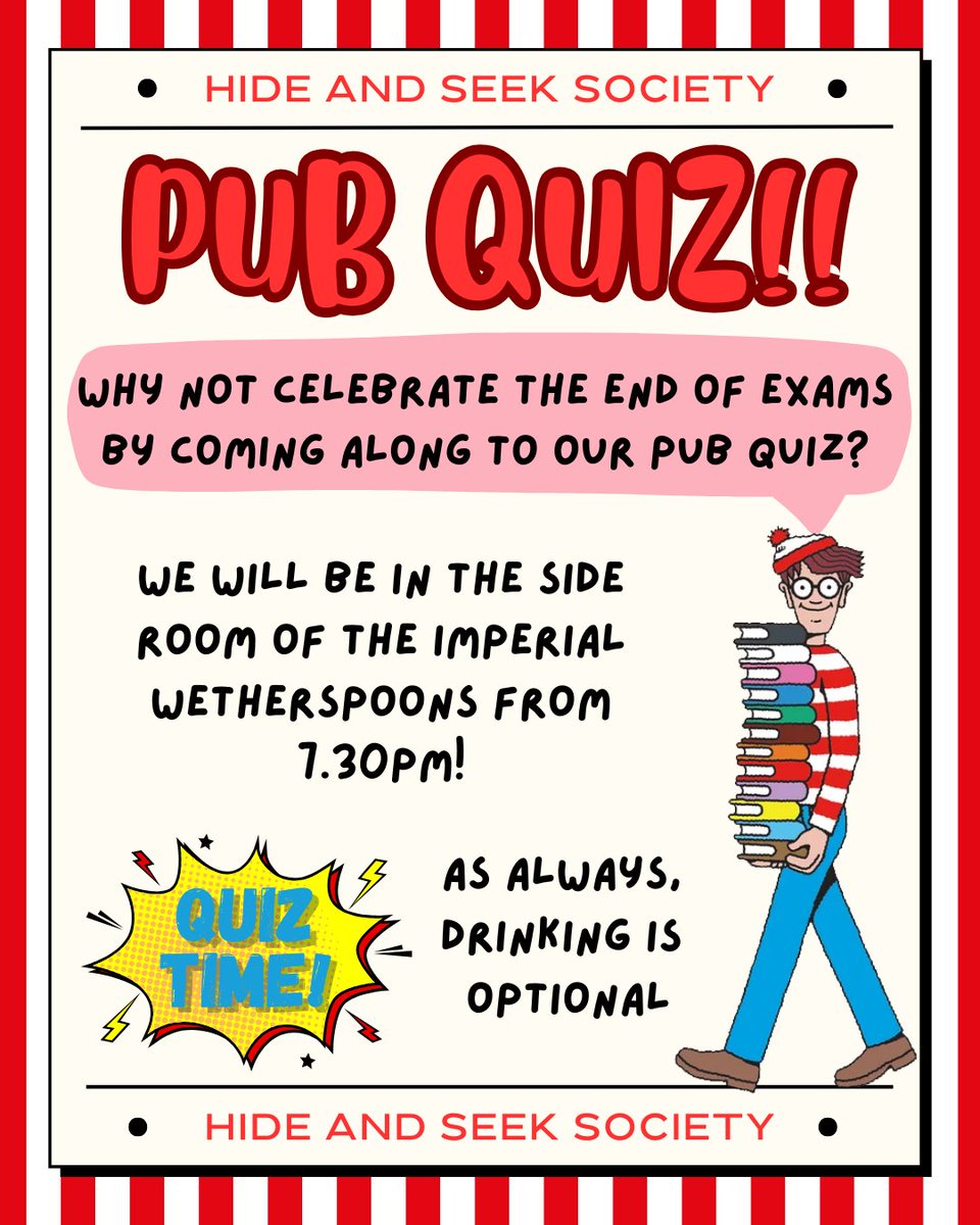 HideAndSeekExe's tweet photo. Why not celebrate the end of exams by coming along to our pub quiz on Tues 3rd? We will be in the side room of Imperial Wetherspoons at 7.30pm! Hope to see you there! As always, drinking is optional :)

#hideandseek #hideandseeksociety #pubquiz #quiz #endofexams https://t.co/yHKCwtB5qw